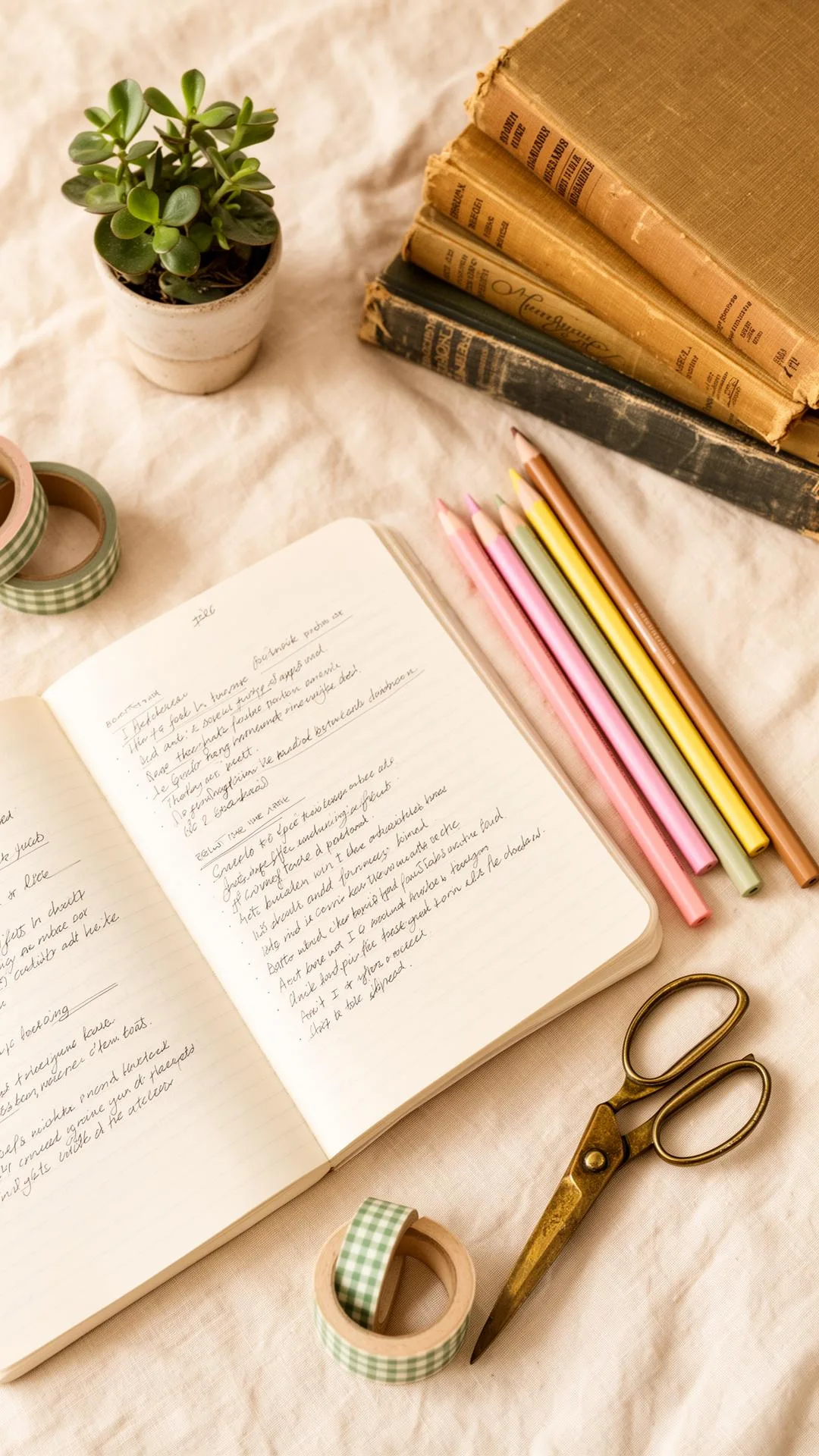 Open notebook with colored pencils, vintage books and washi tape on a linen surface