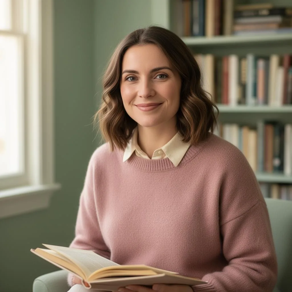 Ashlyn Badzic, founder of Inspired Insights, smiling warmly in a book-filled study